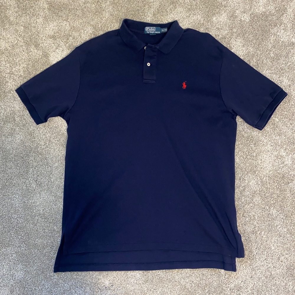 Polo Ralph Lauren polo shirt, navy blue with red emblem. Size XL.